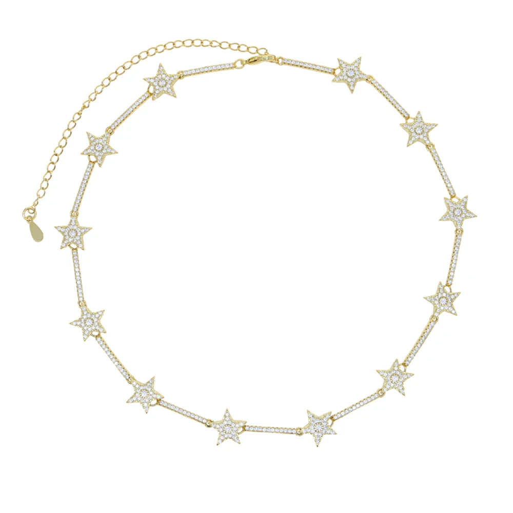 Star Bar Link Chain Necklace Simulated Zirconia Paved Tennis Style Women Jewelry