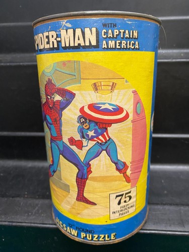 Vintage 1974 HG Toys Spider-Man Captain America 75 Stck. 12 Zoll rundes Puzzle - Bild 4 von 11