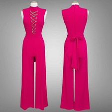 Valentine Womens Jumpsuit M Hot Pink Wide Leg Chain Barbie Barbiecore Sexy Party