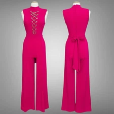 Valentine Womens Jumpsuit M Hot Pink Wide Leg Chain Barbie Barbiecore Sexy Party
