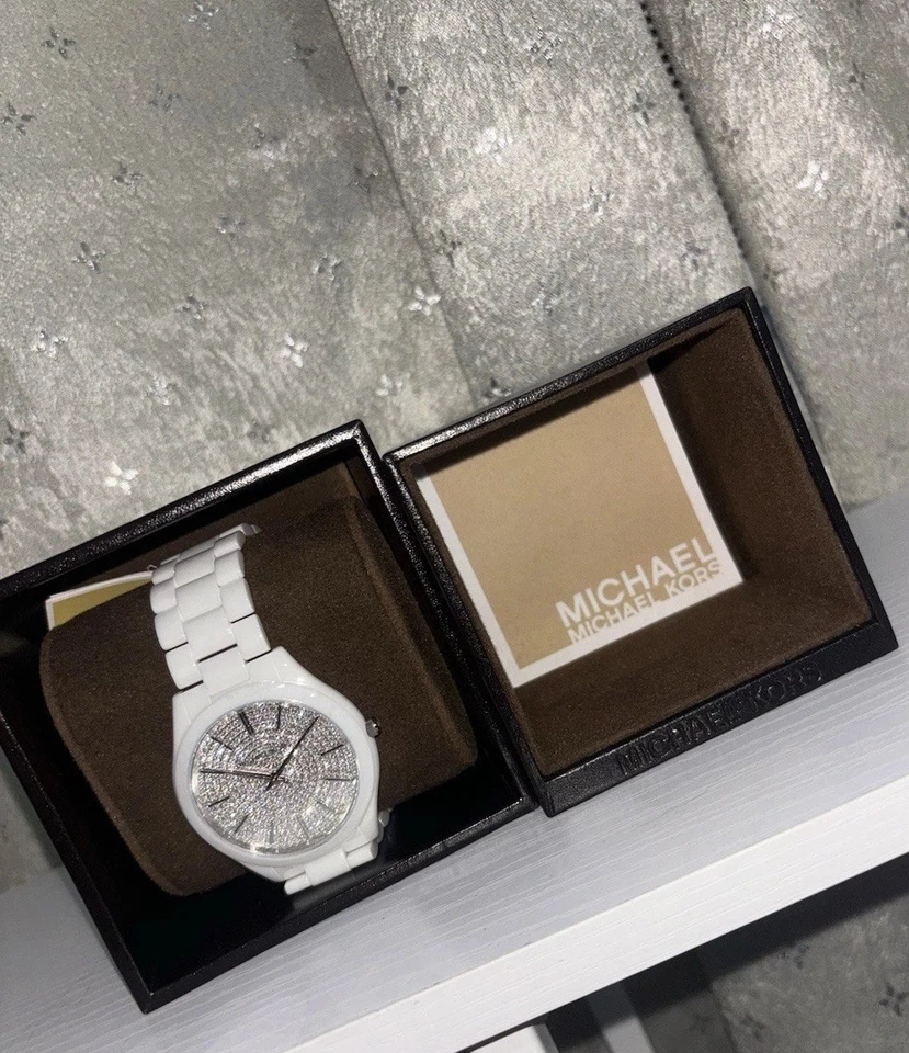 Nuevo con caja: Michael Kors MK3448 reloj de pasarela delgado para mujer, correa de cerámica blanca Foto 2 de 4
