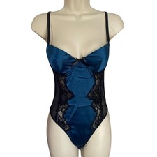 Frederick's of Hollywood Beatrice Satin Lace Teddy Bodysuit M Blue Black NWT