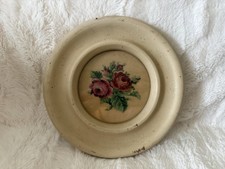 Vintage Handcrafted Cross Stitch Art Floral Design Round Framed Hanging