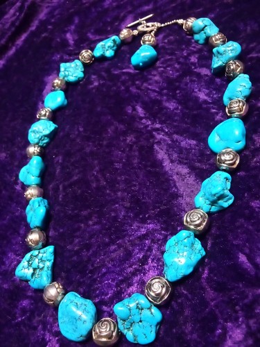 Collana grossa grande sud-ovest turchese howlite pepita argento perline a levetta 28"