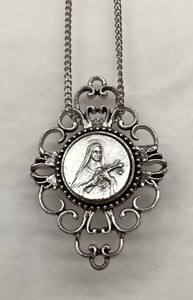 Delightful Looped Rim Silvertne Saint Teresa Roses Medal Pendant Necklace Brooch