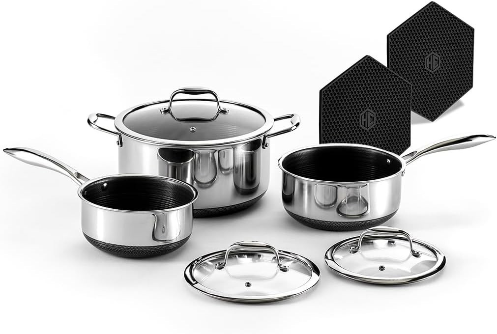 New HexClad Hybrid Nonstick 6-Piece Pot Set w/ Glass Lids, 2/3/8-Quart