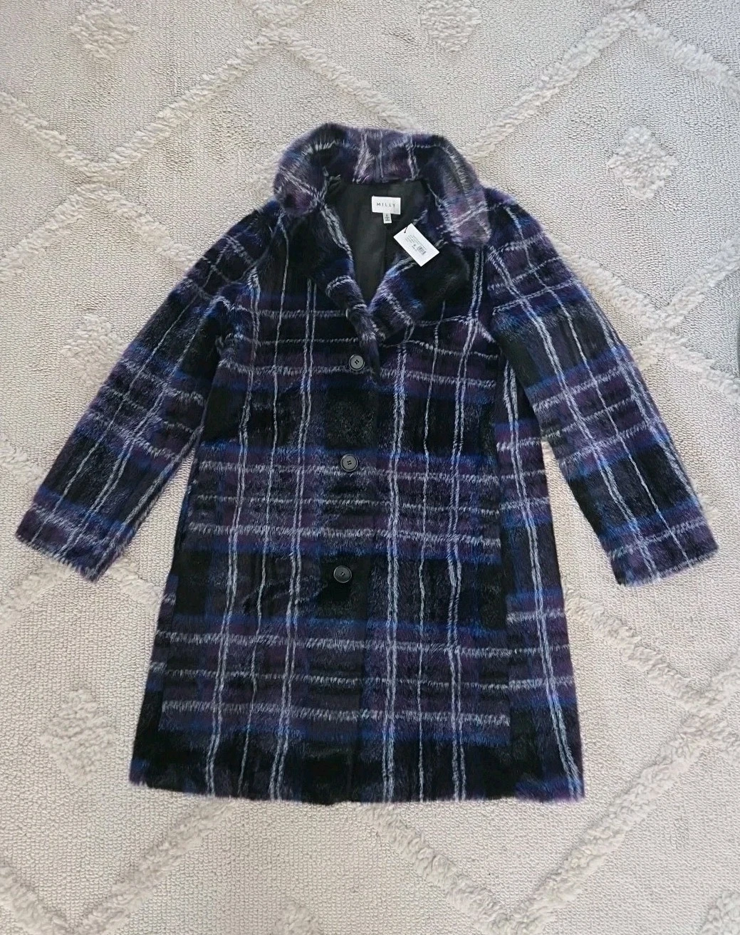 New Milly Size 6 Blue Purple Black Faux Fur Window Pane Coat $495 Button Jacket