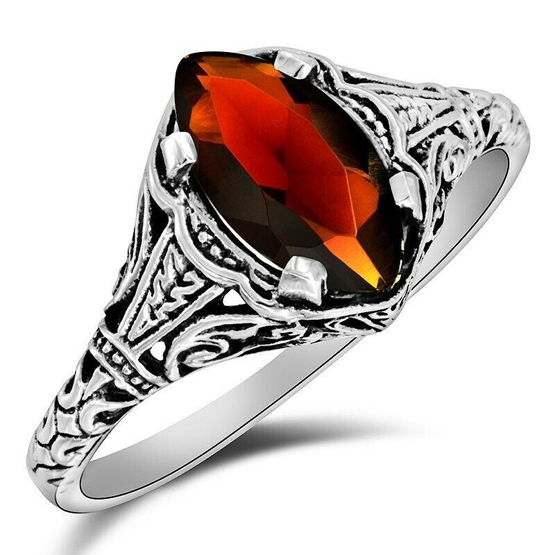1CT Fire Garnet 925 Sterling Silver Filigree Look Ring Sz 7 F4-1