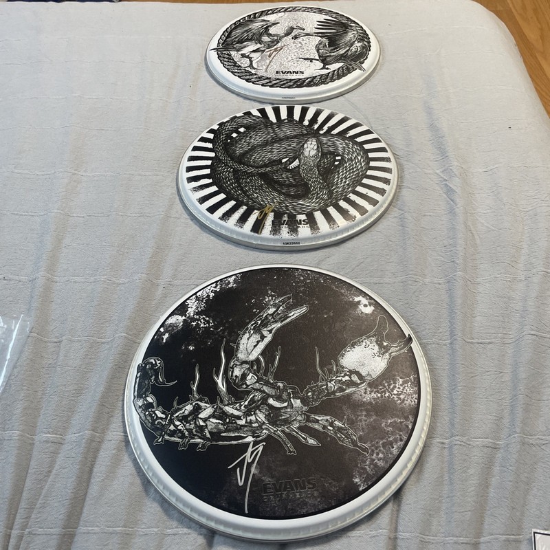 Jay Weinberg Signed Drumheads Coil Territory and Predator host