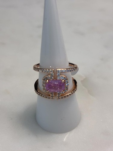 Rose Gold Tone Ring with Pink Stone and Clear Accent Stones Size 8