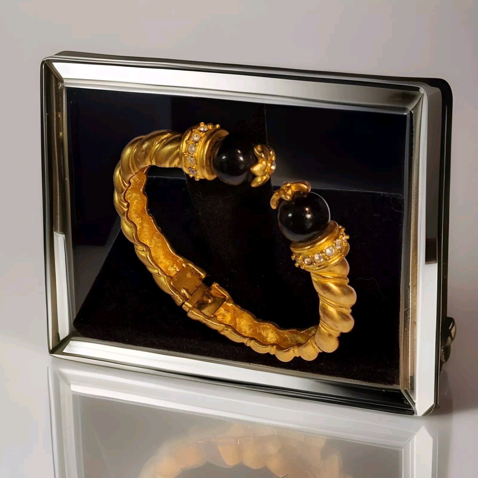 Gold Toned Hinged Bracelet Black Knobs Heavy - image 2