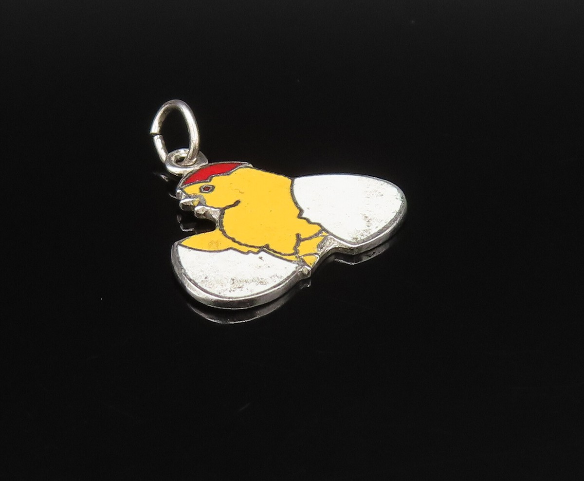 925 Sterling Silver  Vintage Enamel Chick Hatching From Egg Pendant  PT21213 View 3