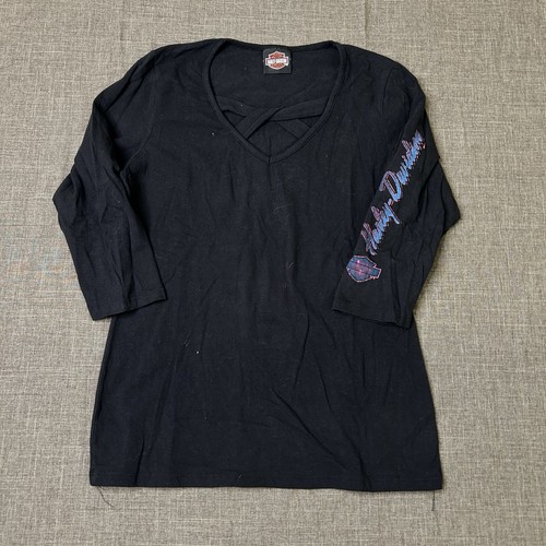 Womens Harley Davidson Long Sleeve Shirt Top Black Large Sleeve Graphic Biker