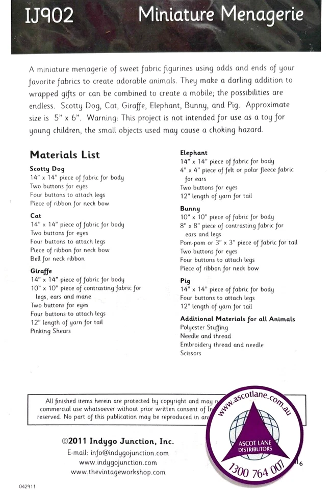 Indygo Junction Soft Toy Sewing Pattern IJ902 Cat Dog Elephant Pig Giraffe Pig - Image 2 of 2