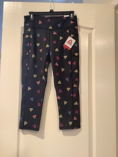 Reebok Capri Leggings Black Logo Print Fitted Stretch Pockets - Girls L /XL /2XL - Picture 4 of 4