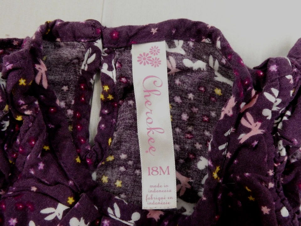 Cherokee 学步儿童连衣裙紫色复活节兔子花朵图形荷叶边短袖 18 个月 — 第 3/4 张图片