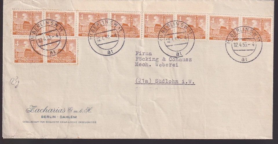 BERLIN, Mi. 43 (10), Berlin SW 11 - Südlohn, 12.4.55, Faltbug - Bild 1 von 2