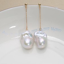 Natural 15-25mm Genuine White Freshwater Baroque Pearl Dangle Stud Earrings