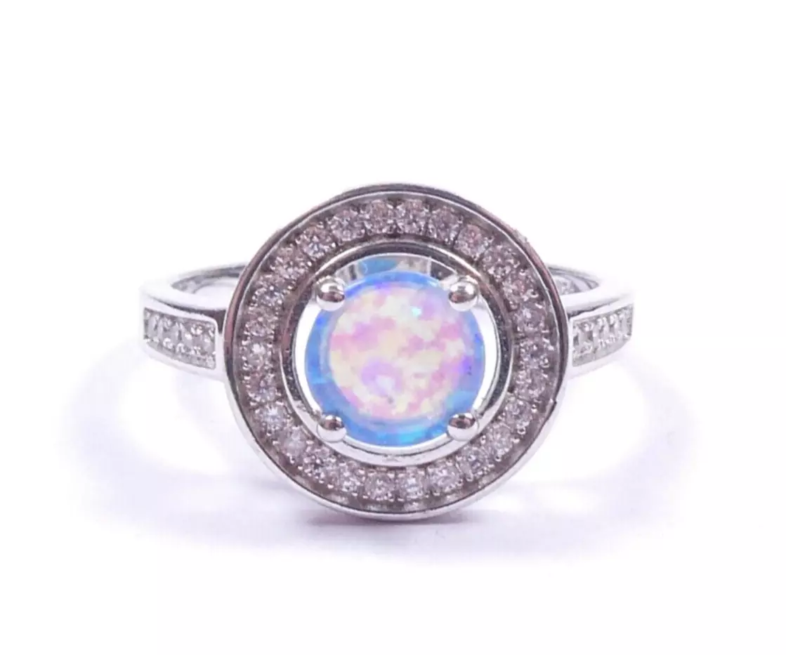 Large Halo Ring Opal Cabochon DQCZ 925 Sterling Silver 3.6grams