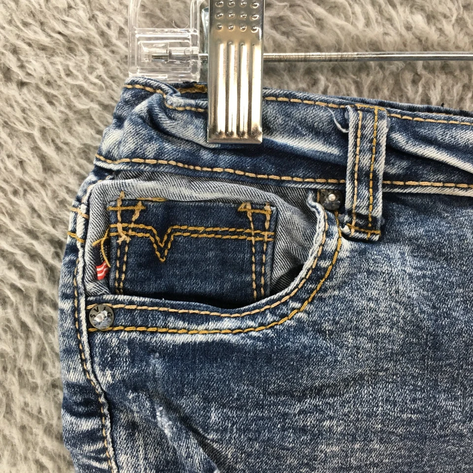 Vigoss 百慕大短裤青少年 6X 蓝色中号水洗牛仔纽扣正面破旧 — 第 2/4 张图片