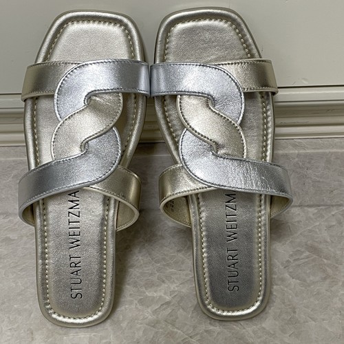 Stuart Weitzman Ibiza Slide Sandal Womens 8B Gold Silver Leather Square Open Toe - Picture 7 of 9