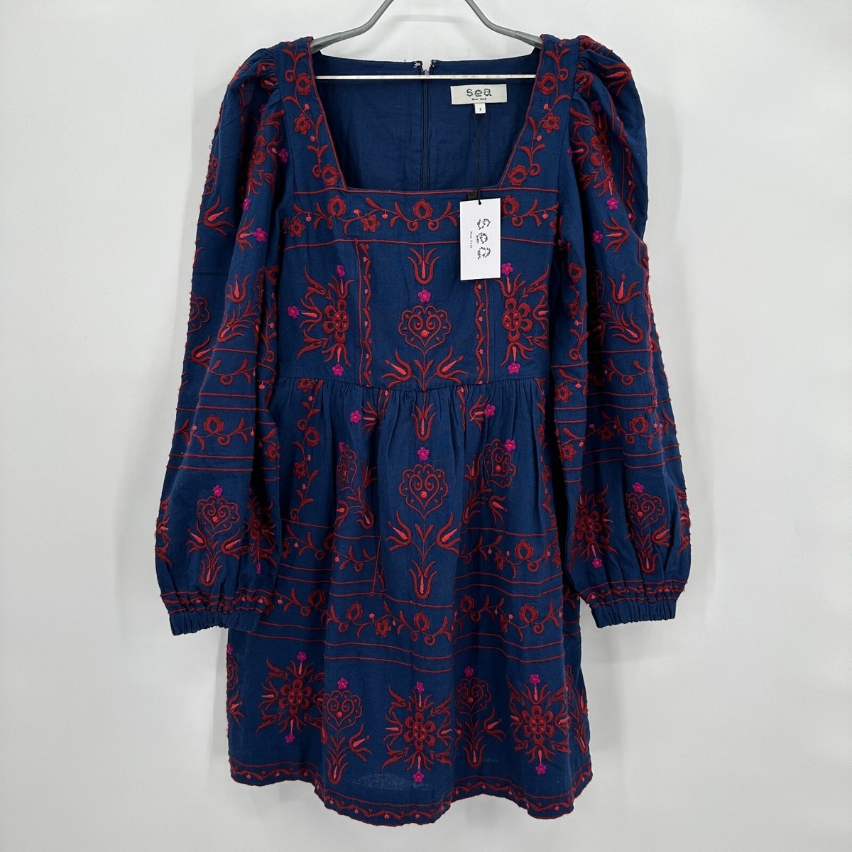 Sea NY Navy Petunia Embroidered Long Sleeve Square Neck Dress sz 2 Sea New  York | eBay