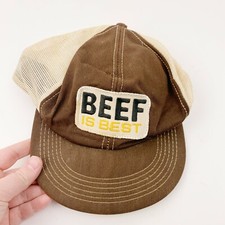 Vintage 80s K-Products Beef Is Best Snapback Mesh Trucker Patch Hat Cap Brown