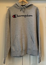 Mens Gray Hooded CHAMPION SWEATSHIRT HOODIE Size L Large LOGO Authentic EUC