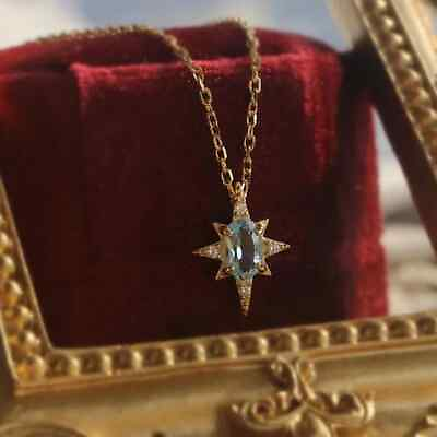 #ad Dainty Blue Topaz North Star Pendant 14k Gold Plated Sterling Silver Necklace $15.90