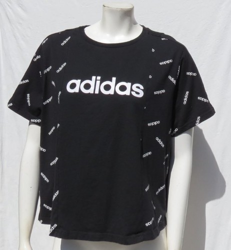 ADIDAS US Women’s XL Black White AOP Logo Print 100% Cotton T Shirt Top DW8017 - Picture 5 of 6