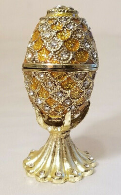 Bejeweled Yellow Gold Egg with Stand/Holder Trinket Box Collectibles