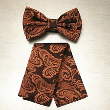 Men Rust Orange BUTTERFLY Bow tie And Pocket Square Handkerchief Set Wedding