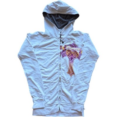 Women's Sinful by Affliction Hooded Zip Sweatshirt Y2K White Cross Hoodie S-M