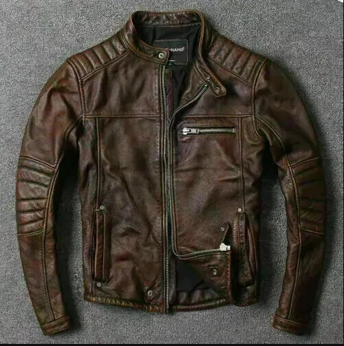 Men’s Motorcycle Biker Vintage Cafe Racer Distressed brown Real Leather Jacket