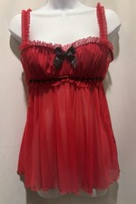 Frederick s of Hollywood Red Sheer Babydoll Lingerie M Y2K Mesh Ruffle Bow EUC
