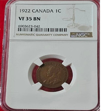 1922 Canada One Cent Small Cent CERTIFIED NGC VF 35 BN  KING GEORGE V Nice Coin!
