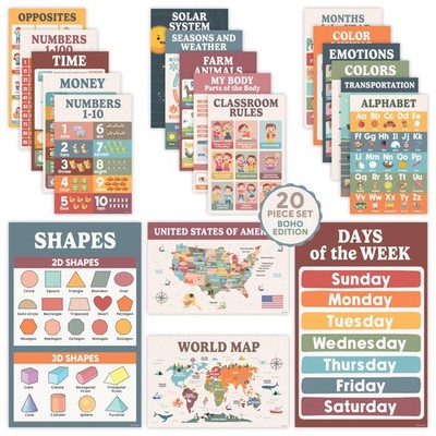 20 Boho Learning Posters for Kids Ages 3-5 11X17In Educational Matte-Laminated