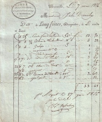 MARSEILLE - RECHNUNG LANGE FRERES, DROGISTEN, NR. 1, RUE DE LA PYRAMIDE, 1816