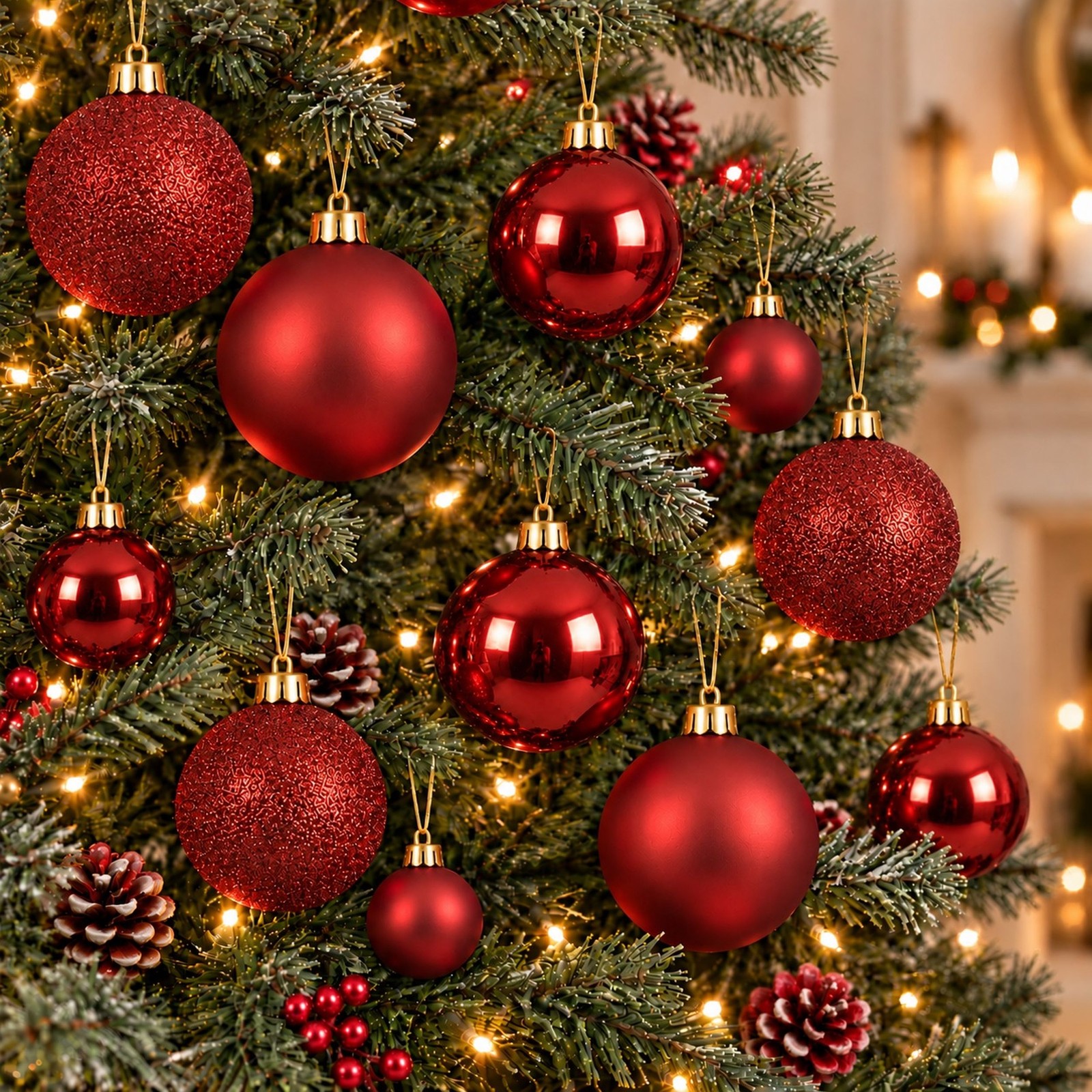 30 Christmas Tree Baubles Red Shatterproof Ornaments Assorted Sizes & Finishes