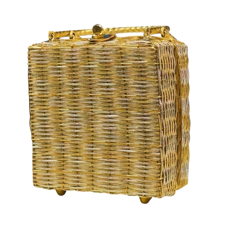 Bolso de mano de noche vintage de metal tejido dorado estilo canasta estructurada Foto 2 de 4