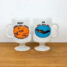 Vintage NASA NOAA RCA ATN SARSAT Milk Glass Pedestal Coffee Mugs Set of 2