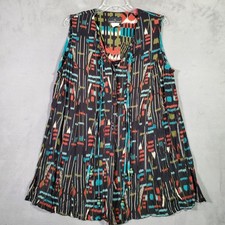 VTG Carole Little Tunic Top Womens 16 Black Tribal Print Rayon Boho Artsy 90s