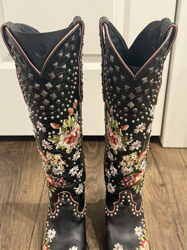 Double D by Old Gringo Backwoods Barbie Black Embroidered Studs Leather Sz 8 - Picture 5 of 11