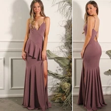 Katie May Plunging Neck Ruffled Arriba Gown Maxi Dress Formal Mauve Dusk S NWT