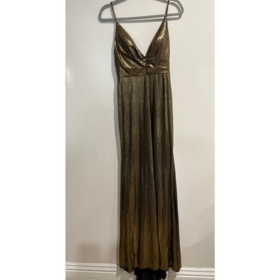NWT Ieena for Mac Duggal Metallic Faux Wrap Spaghetti Strap Gown Bronze Womens 0