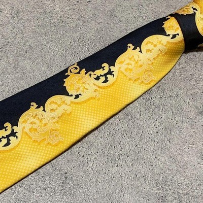 Versace Medusa Silk Skinny Scarf Black Yellow 58.3in Pre owned