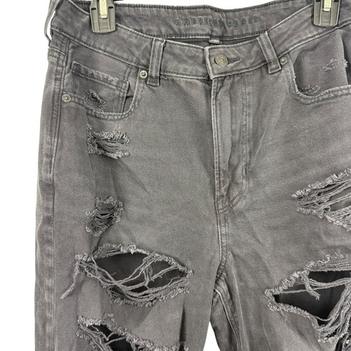 American Eagle Mom Jeans Strigid Black Wash Distressed Destroyed Jeans sz 12 R - Picture 5 of 16