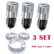 3 Set 40W Fast Car Charger Adapter Type C Cable Braided For iPhone 15 16 Samsung