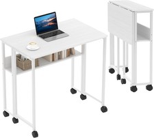 Folding Desk Small Rolling Desk with Storage Shelf Wheel Foldable Computer Table