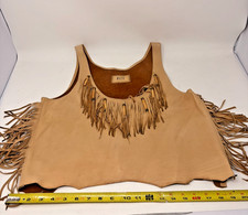 Vintage Leather Fringe Vest Beaded Western Boho Hippie Biker Tan Women's M